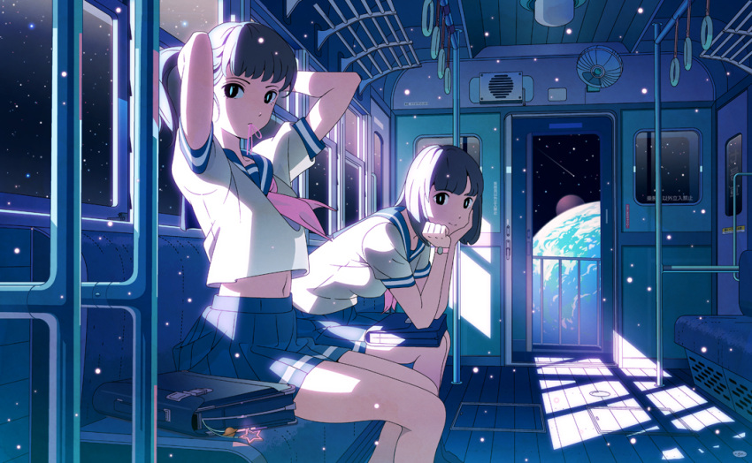 2girls arms_behind_head arms_up bag bag_charm bangs black_eyes black_hair blue_skirt bright_pupils charm_(object) chin_rest closed_mouth commentary_request expressionless from_side hair_tie hair_tie_in_mouth kyakkun light_particles long_hair looking_at_viewer midriff mouth_hold multiple_girls navel neckerchief original planet pleated_skirt ponytail school_bag school_uniform serafuku shirt shooting_star short_hair short_sleeves sitting skirt slit_pupils smile space star train_interior tying_hair watch watch white_shirt