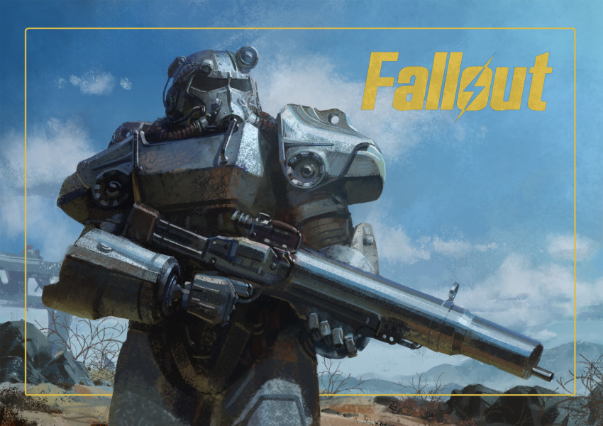 arm_armor armor blue_sky brotherhood_of_steel clear_sky clouds commentary copyright_name day ddal fallout fallout_4 frame full_armor gun helmet highres holding holding_gun holding_weapon machine_gun post-apocalypse power_armor scope shoulder_armor sky solo standing trigger_discipline upper_body wasteland weapon