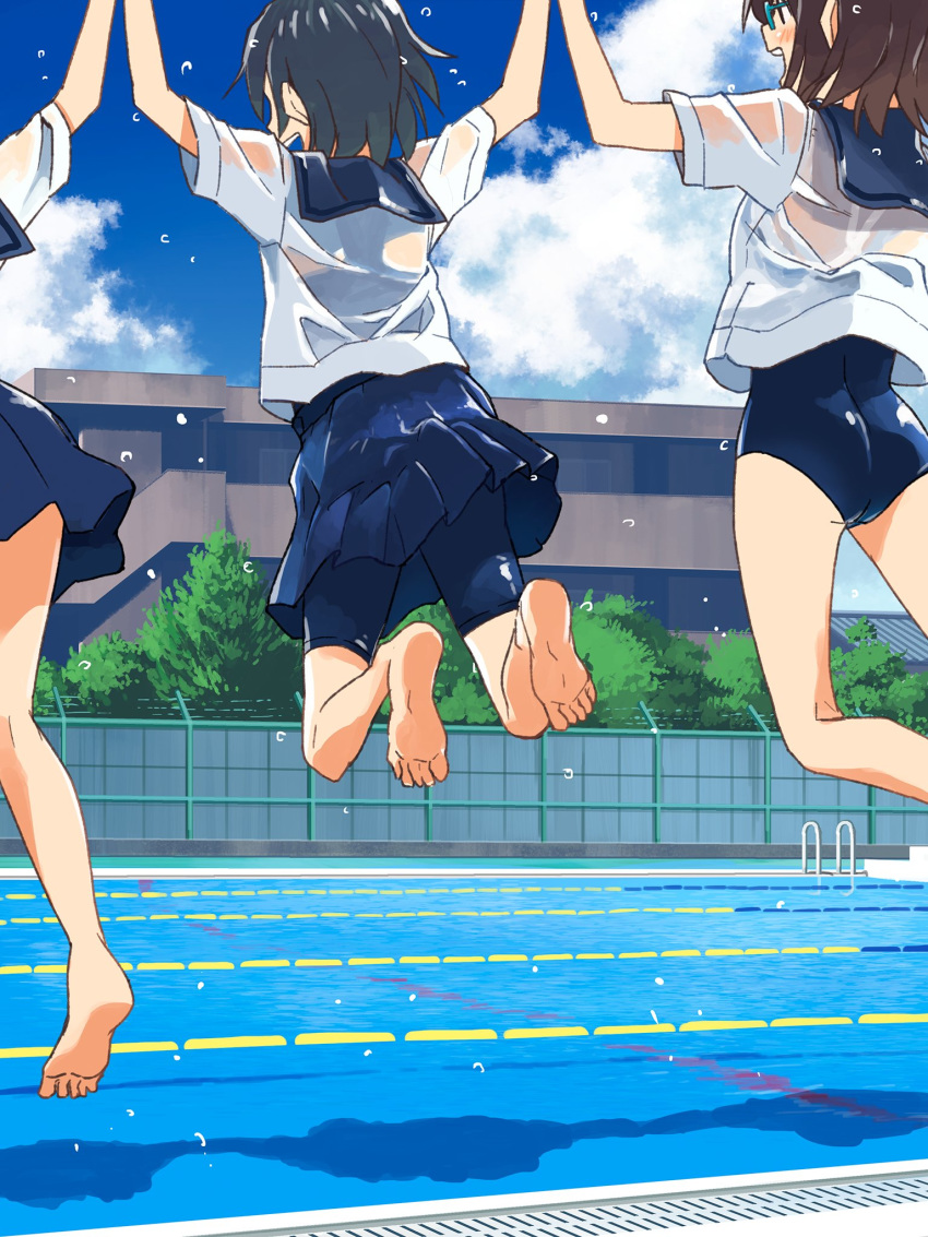3girls arms_up ass barefoot bike_shorts black_hair black_shorts black_swimsuit blouse blue_sky brown_hair building clouds cloudy_sky day droplet from_behind highres holding_hands jumping kusakabe_(kusakabeworks) legs_up medium_hair multiple_girls no_pants one-piece_swimsuit open_mouth original outdoors pool school_uniform see-through serafuku shirt short_hair short_sleeves shorts shorts_under_skirt sky smile swimsuit wet wet_clothes wet_shirt white_blouse