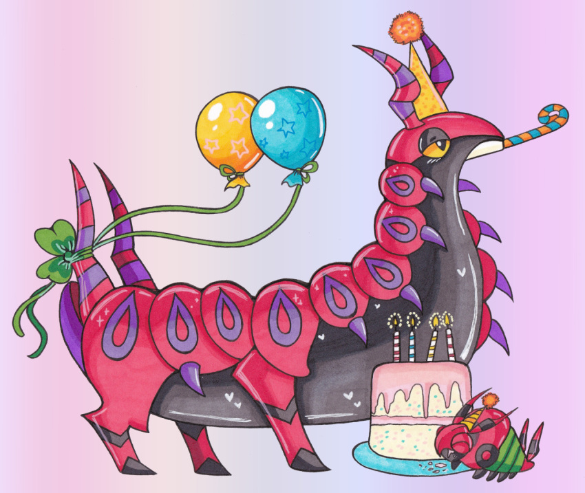 ^_^ balloon birthday birthday_cake cake closed_eyes commentary creature eating english_commentary food full_body gen_5_pokemon hat no_humans papillonthepirate party_hat pokemon pokemon_(creature) purple_background scolipede simple_background standing traditional_media venipede yellow_eyes