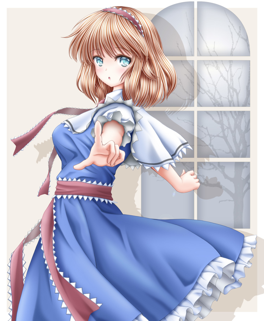 1girl :o akino_irori alice_margatroid arms_up bare_tree blonde_hair blue_dress blue_eyes breasts capelet commentary cowboy_shot dress drop_shadow eyebrows_visible_through_hair from_side grey_background hairband highres lolita_hairband looking_at_viewer medium_breasts petticoat pointing pointing_at_viewer puffy_short_sleeves puffy_sleeves sash short_hair short_sleeves simple_background solo standing touhou tree white_capelet white_sleeves window
