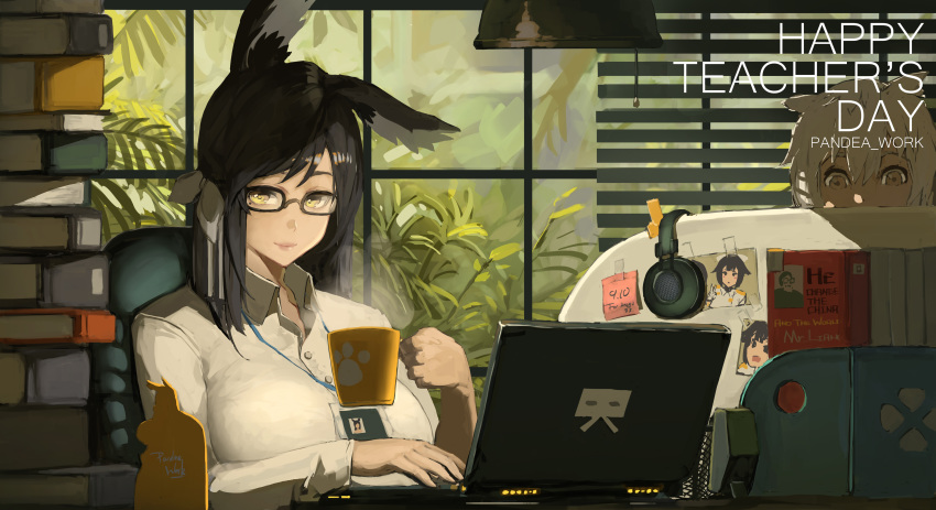 2girls absurdres alternate_costume atago_(azur_lane) azur_lane bespectacled black-framed_eyewear black_hair blinds book book_stack bow breasts chair chinese_commentary closed_mouth collared_shirt computer cup ear_down glasses grey_hair hair_bow headphones headphones_removed highres holding holding_cup indoors laptop large_breasts long_sleeves looking_at_viewer maya_(azur_lane) medium_hair mug multiple_girls name_tag pandea_work photo_(object) popped_collar shirt sitting smile solo_focus steam takao_(azur_lane) white_bow white_shirt window wing_collar yellow_eyes