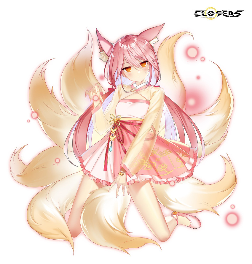 1girl animal_ear_fluff animal_ears closers dress expressionless fingernails flats fox_ears fox_tail frilled_dress frills highres kneeling kumiho long_hair long_sleeves looking_at_viewer low_twintails magic multicolored_hair multiple_tails official_art orb pink_dress red_eyes redhead see-through_sleeves sharp_fingernails solo tail thighs tina_(closers) twintails two-tone_hair very_long_hair