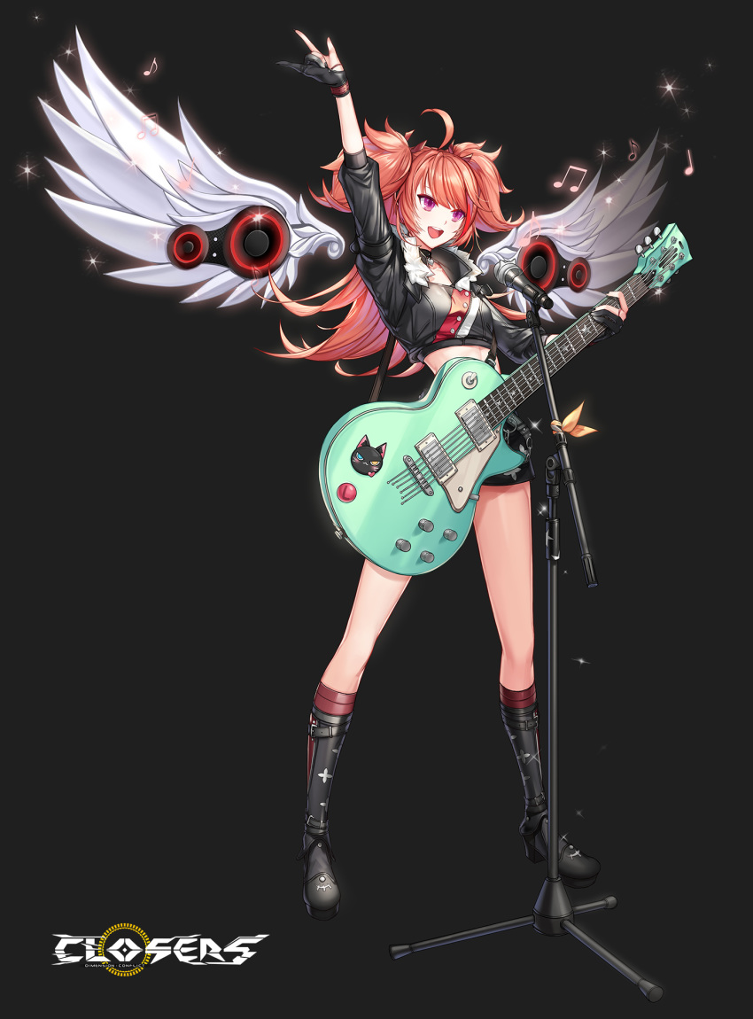 1girl :d \m/ ahoge angel_wings arm_up black_gloves black_jacket black_shorts boots choker closers crop_top electric_guitar flat_chest full_body fur_trim gloves guitar highres holding instrument jacket knee_boots les_paul looking_away luna_aegis_(closers) microphone microphone_stand midriff musical_note nail_polish official_art open_mouth redhead short_shorts shorts smile solo standing strap thighs two_side_up violet_eyes wings
