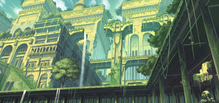 clouds cloudy_sky day green_sky green_theme highres moss nagi_itsuki no_humans original outdoors pixiv_fantasia pixiv_fantasia_age_of_starlight ruins scenery sky stairs water waterfall