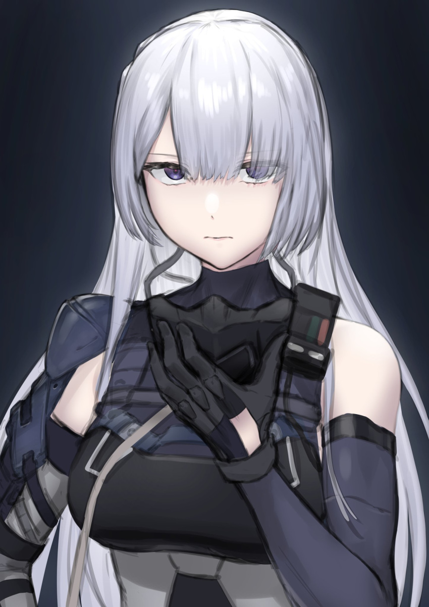 1girl ak-15_(girls_frontline) black_background black_gloves breasts closed_mouth expressionless eyebrows_visible_through_hair girls_frontline gloves grey_eyes grey_hair highres large_breasts long_hair looking_at_viewer monegi simple_background solo upper_body