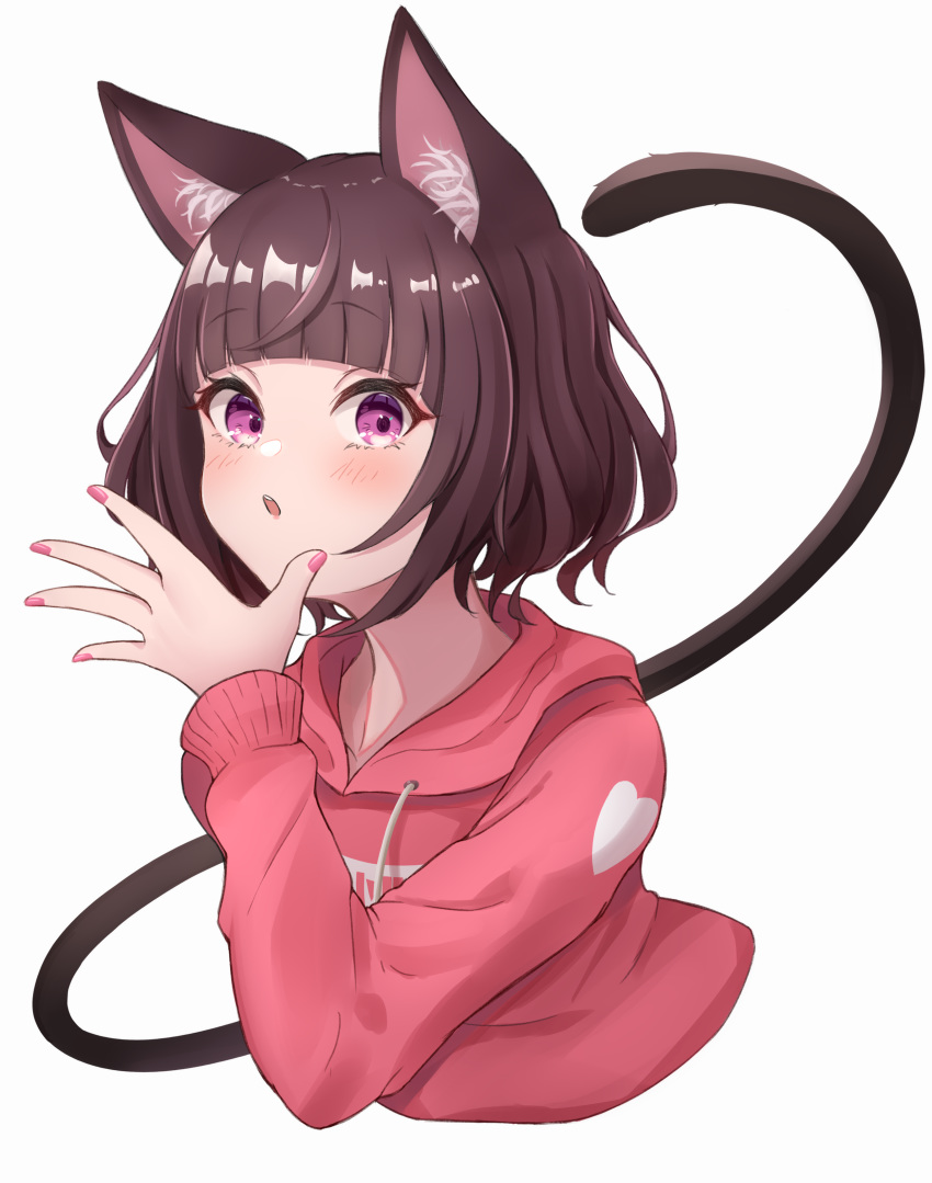 1girl absurdres animal_ear_fluff animal_ears bangs blush brown_hair cat_ears cat_girl cat_tail cropped_torso drawstring eyebrows_visible_through_hair hand_up higashigure highres hood hood_down hoodie kmnz long_sleeves looking_at_viewer mc_liz nail_polish parted_lips pink_hoodie pink_nails short_hair simple_background solo tail tail_raised upper_body violet_eyes virtual_youtuber white_background