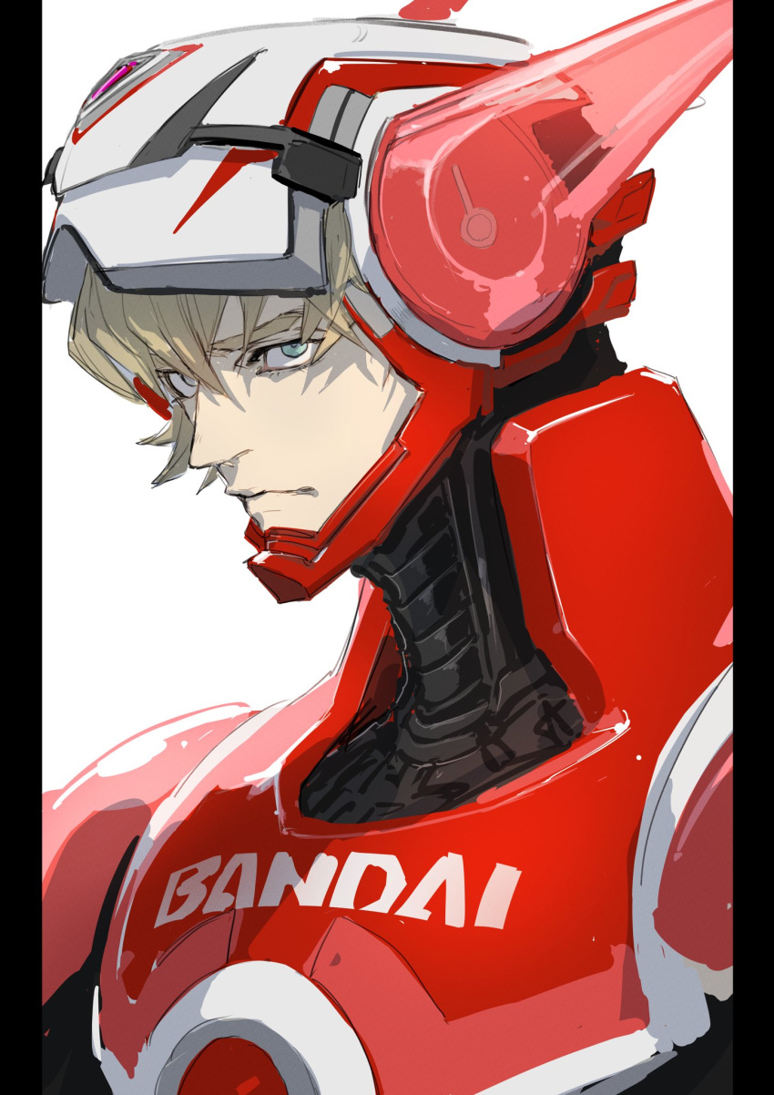 1boy bandai barnaby_brooks_jr blonde_hair blue_eyes closed_mouth frown grey_background highres male_focus ogata_tomio simple_background solo tiger_&amp;_bunny transparent upper_body visor_cap