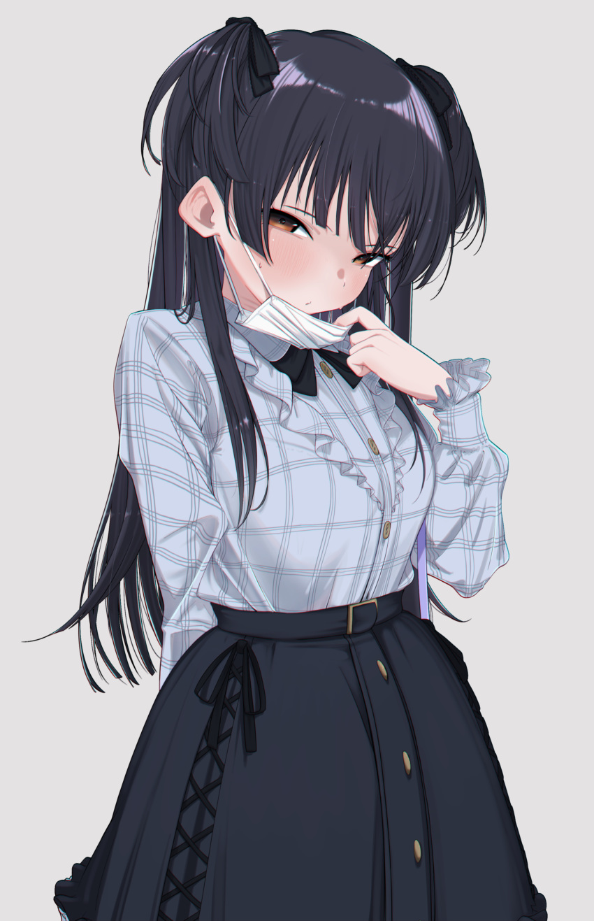 1girl absurdres bangs black_bow black_hair black_skirt blue_shirt blunt_bangs blush bouen bow breasts brown_eyes buttons chromatic_aberration closed_mouth cowboy_shot frilled_shirt frills gradient gradient_background grey_background grey_shirt hair_bow hand_up high-waist_skirt highres idolmaster idolmaster_shiny_colors long_hair long_sleeves looking_at_viewer mask mask_pull mayuzumi_fuyuko medium_breasts mouth_mask plaid plaid_shirt pulled_by_self shirt skirt solo standing surgical_mask sweat two_side_up very_long_hair