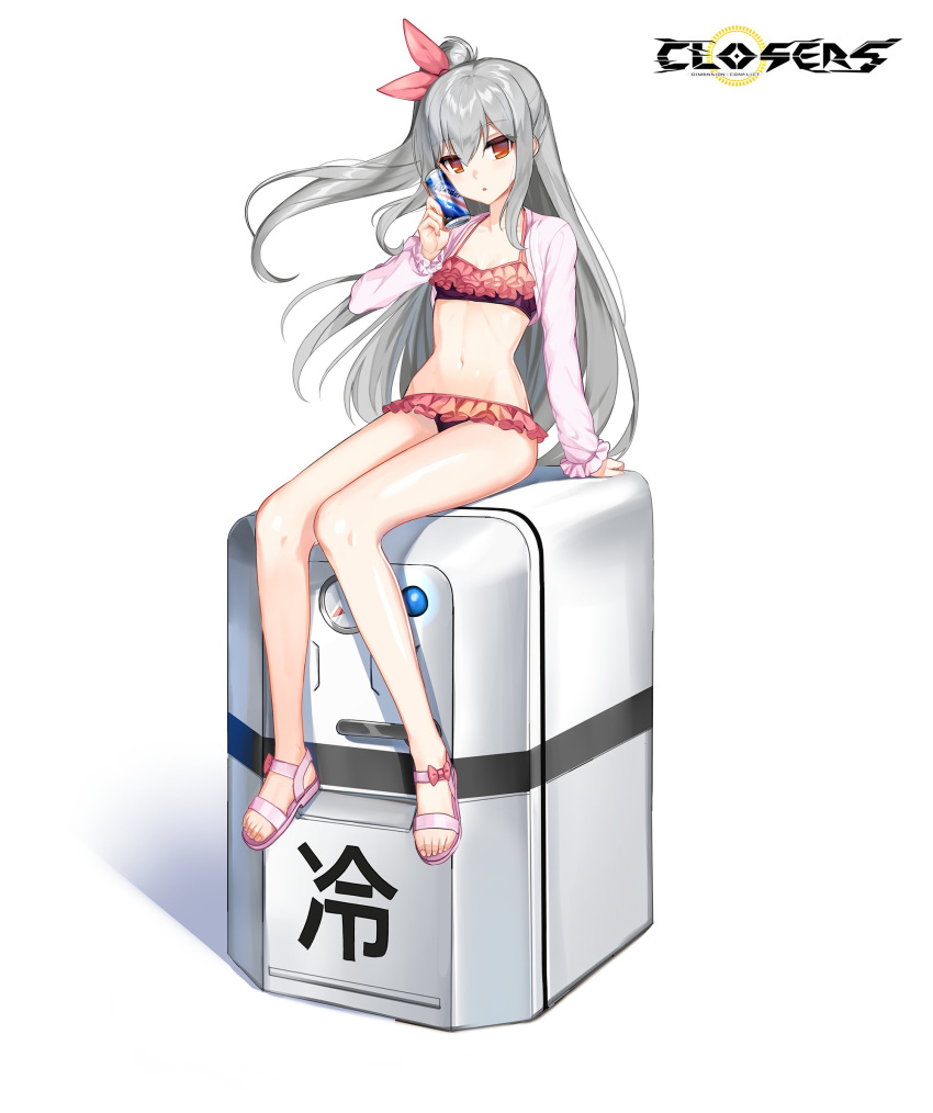 1girl bare_legs bikini bikini_skirt breasts can closers collarbone frilled_bikini frills grey_hair hair_ribbon halterneck highres holding long_hair long_sleeves looking_at_viewer navel official_art one_side_up parted_lips pink_bikini red_eyes ribbon sandals shrug_(clothing) sitting small_breasts soda_can solo stomach swimsuit thighs tina_(closers) very_long_hair