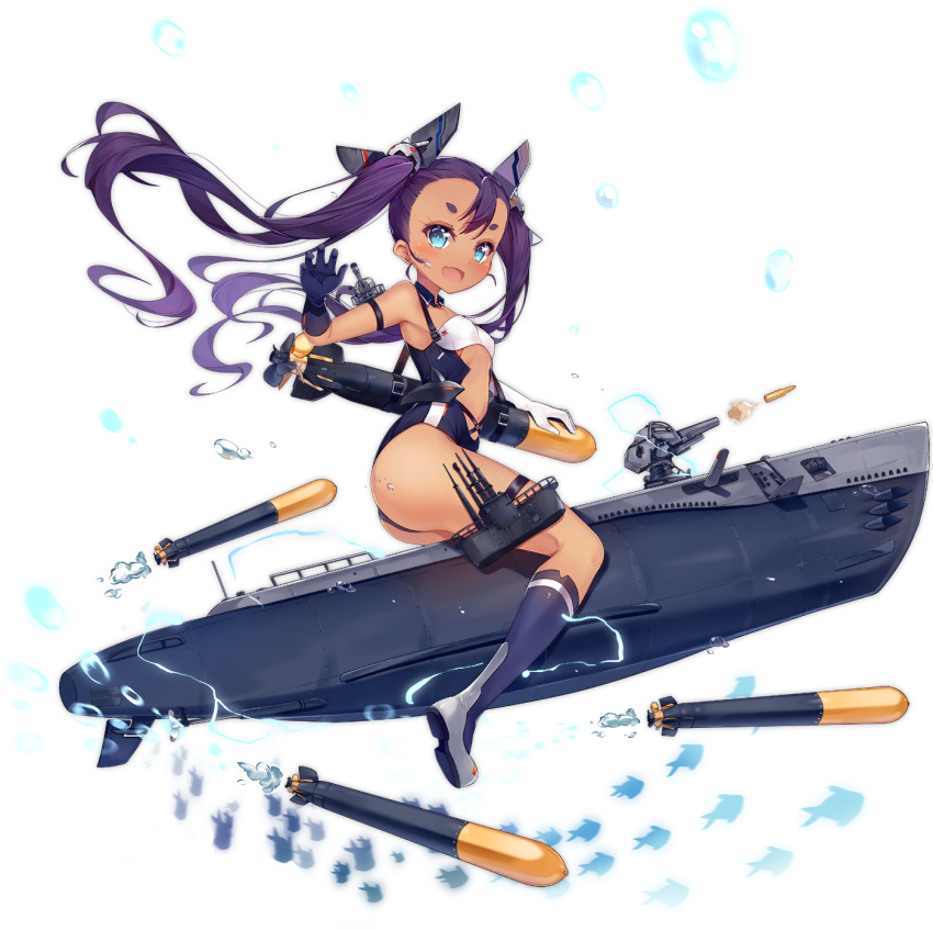 1girl ass azur_lane blue_eyes bluegill_(azur_lane) blush boots dango_remi dark_skin gloves highres long_hair looking_at_viewer official_art open_mouth purple_hair short_eyebrows smile solo swimsuit tan thigh-highs thighs torpedo transparent_background twintails