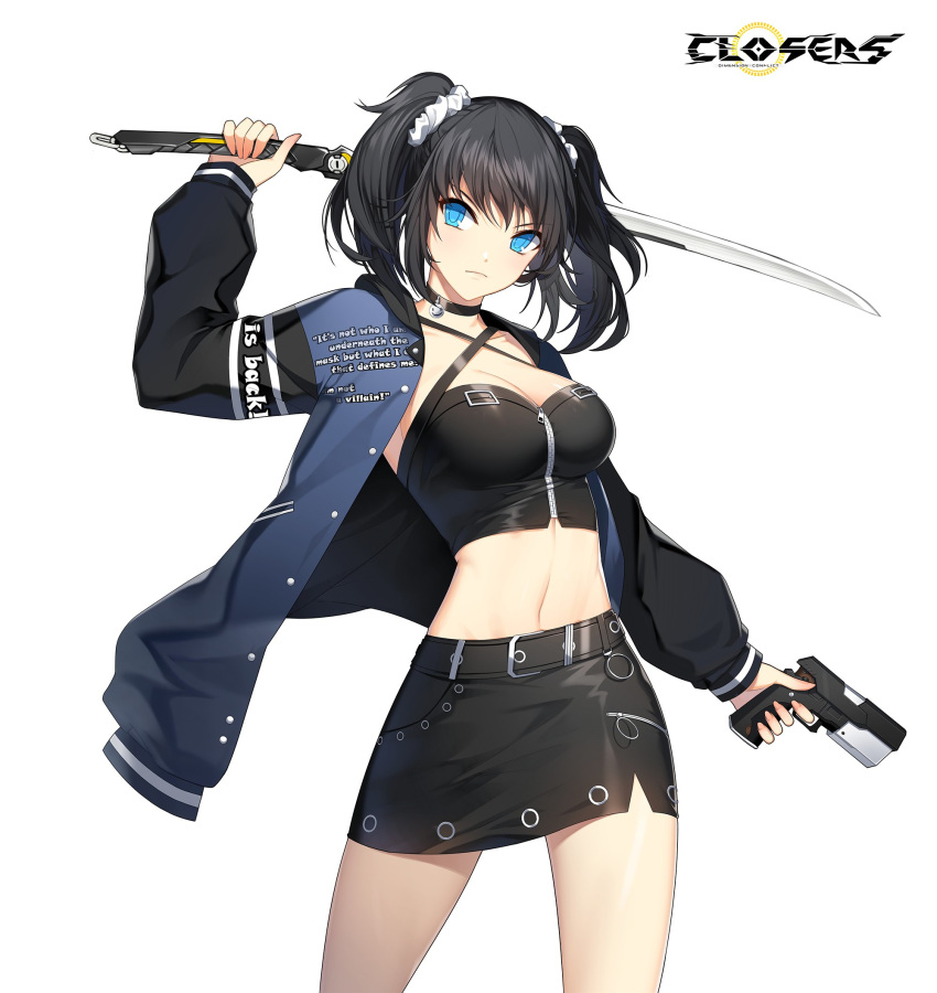 1girl arm_up belt black_hair black_shirt black_skirt blue_eyes blue_jacket breasts choker closers cowboy_shot criss-cross_halter crop_top dual_wielding gun hair_ornament hair_scrunchie halter_top halterneck handgun highres holding holding_gun holding_sword holding_weapon jacket large_breasts long_hair long_sleeves looking_at_viewer midriff miniskirt navel official_art open_clothes open_jacket pencil_skirt pistol scrunchie serious shirt skirt sleeveless sleeveless_shirt solo sword thighs twintails weapon yuri_seo