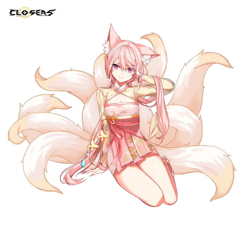 1girl animal_ear_fluff animal_ears arm_up closers dress fox_ears fox_tail highres kumiho long_hair long_sleeves looking_at_viewer luna_aegis_(closers) multiple_tails official_art pink_dress pink_hair pink_ribbon ribbon see-through_sleeves sitting smile solo tail thighs very_long_hair violet_eyes