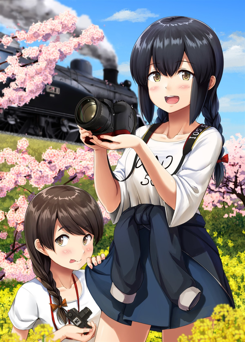 2girls :d alternate_costume black_hair blue_skirt blue_sky blush braid brown_eyes brown_hair camera cherry_blossoms clothes_writing clouds collarbone cowboy_shot day eyebrows_visible_through_hair female_pervert flower ground_vehicle hair_between_eyes highres holding holding_camera ichikawa_feesu isonami_(kantai_collection) kantai_collection long_hair multiple_girls open_mouth pervert shirt short_sleeves single_braid skirt sky smile smoke tongue tongue_out train twin_braids uranami_(kantai_collection) white_shirt yellow_flower