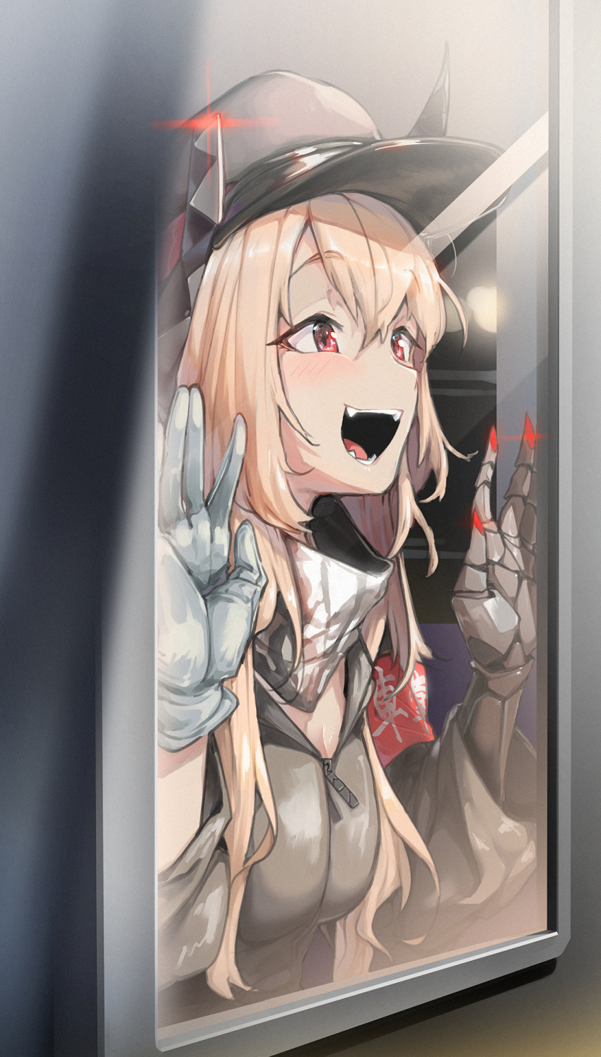 1girl against_window armband blush commentary_request girls_frontline gloves hair_between_eyes happy hat headgear highres light_brown_hair long_hair m4_sopmod_ii_(girls_frontline) mechanical_arm open_mouth peaked_cap red_eyes scarf sd_bigpie single_glove solo teeth upper_body white_gloves