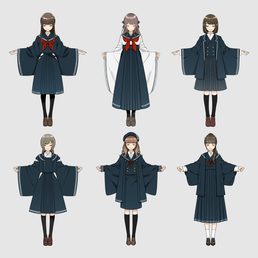 6+girls absurdres bangs black_legwear black_serafuku blazer blunt_bangs bob_cut braid brown_footwear brown_hair collared_shirt commentary_request double-breasted dress facing_viewer full_body furisode grey_background hair_ornament hair_over_shoulder hair_ribbon hairclip half_updo hanatsuki hat high-waist_skirt highres hip_vent jacket japanese_clothes kimono kneehighs loafers long_dress long_hair long_skirt long_sleeves miniskirt multiple_girls neck_ribbon neckerchief open_clothes open_jacket original outstretched_arms pantyhose pleated_dress pleated_skirt ponytail red_neckwear ribbon school_uniform serafuku shirt shoes short_hair simple_background skirt skirt_set smile socks standing twin_braids twintails unmoving_pattern vest white_legwear white_shirt wide_sleeves