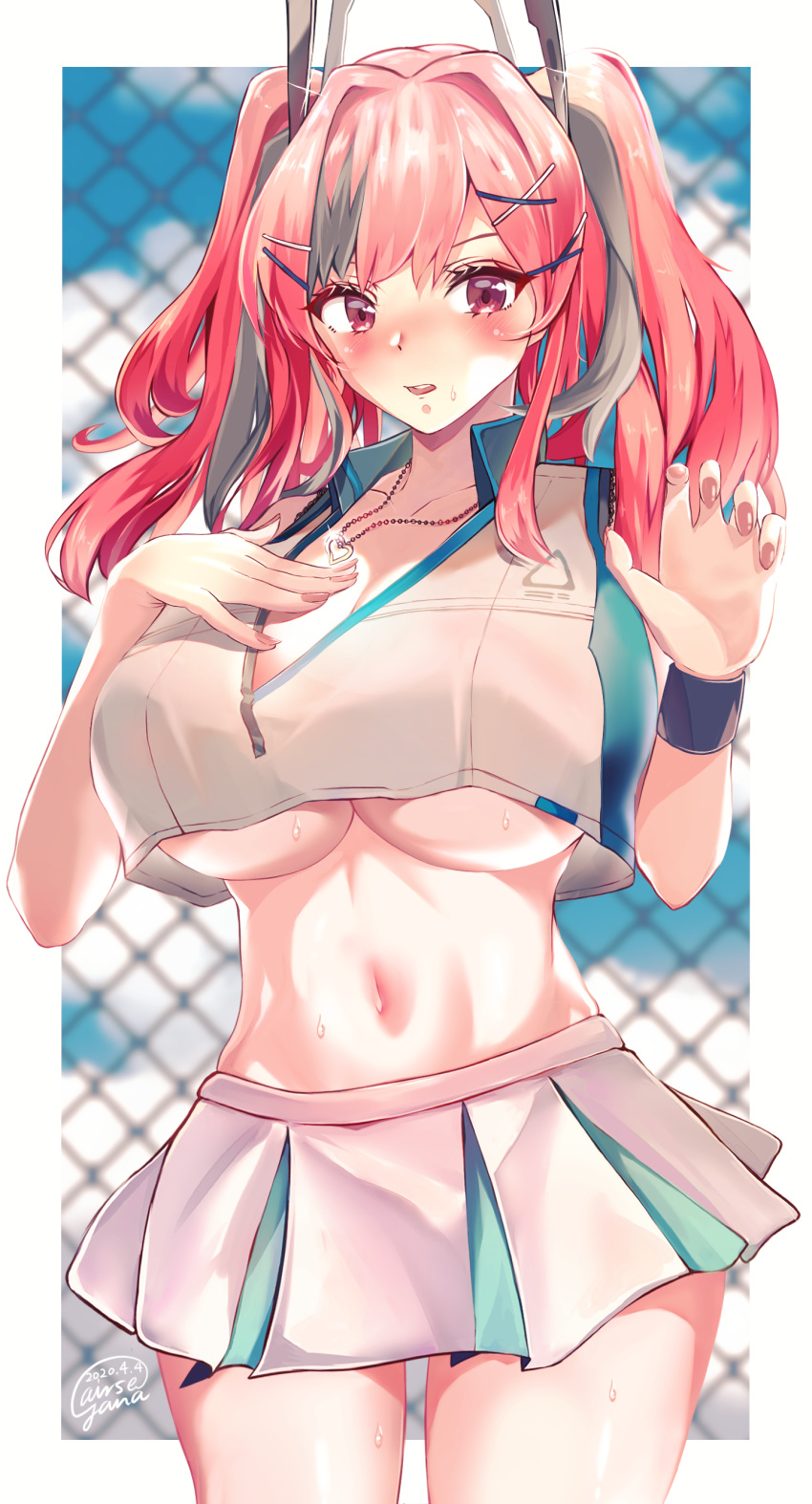 1girl absurdres arms_up azur_lane bangs blue_sky blush breasts bremerton_(azur_lane) bremerton_(scorching-hot_training)_(azur_lane) chain-link_fence clouds commentary_request crop_top crop_top_overhang ease_yana_(airse_yana) eyebrows_visible_through_hair fence grey_hair hair_between_eyes hair_ornament hairclip heart heart_necklace highres huge_breasts jewelry large_breasts long_hair looking_at_viewer midriff multicolored_hair navel necklace red_eyes redhead shirt skirt sky sleeveless sleeveless_shirt sportswear streaked_hair sweat sweatdrop tennis_uniform twintails two-tone_shirt two-tone_skirt under_boob x_hair_ornament