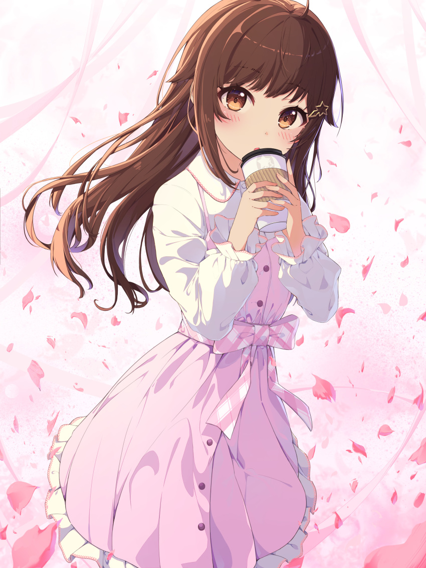 1girl :o absurdres ahoge blush brown_hair coffee_cup collared_shirt cowboy_shot cup disposable_cup dress frilled_dress frilled_sleeves frills hair_ornament hairclip highres holding holding_cup hololive keis_(locrian1357) long_hair long_sleeves looking_at_viewer parted_lips petals pinafore_dress pink_dress pink_ribbon ribbon shirt solo star star_hair_ornament tokino_sora tokino_sora_channel white_shirt