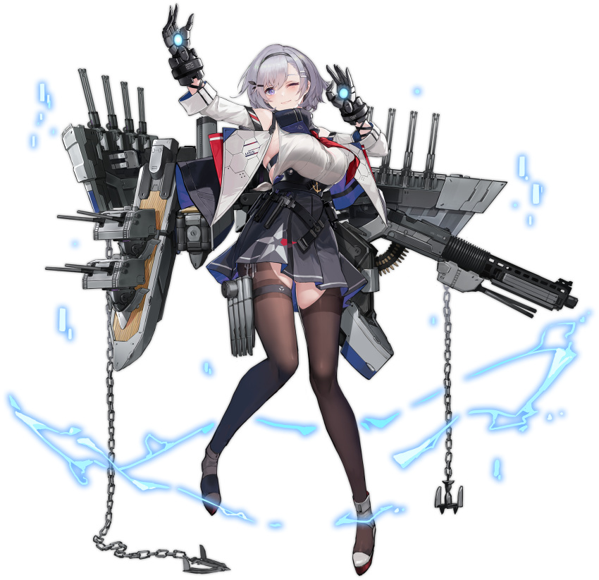 1girl asymmetrical_legwear azur_lane black_hairband blue_collar blue_skirt collar detached_collar detached_sleeves hair_ornament hairband hairclip highres metal_gloves miniskirt multiple_straps official_art one_eye_closed outstretched_hand pandea_work parted_hair pink_lips red_neckwear reno_(azur_lane) shirt skirt sleeveless sleeveless_shirt smile strap thigh_strap transparent_background underbust