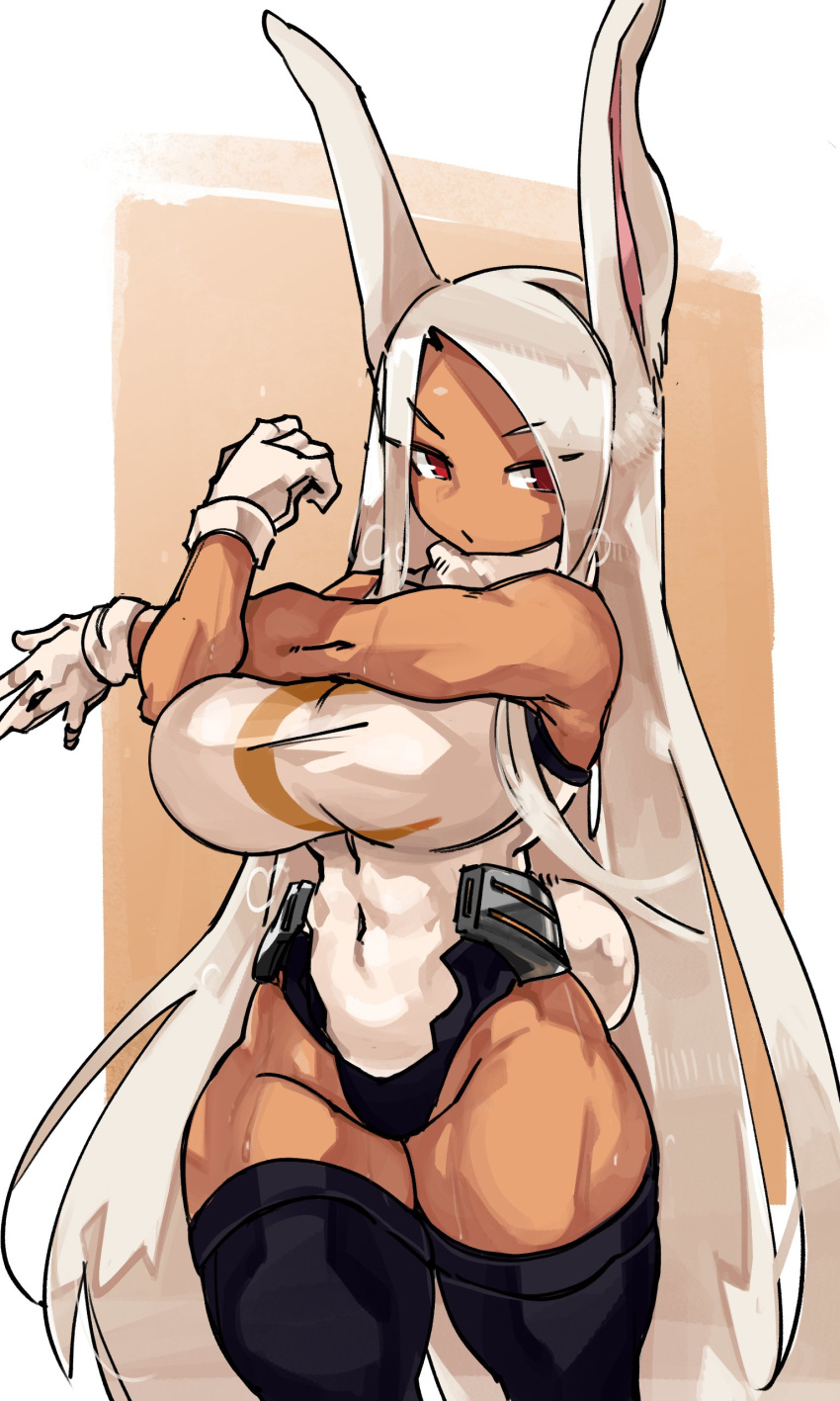 1girl absurdres animal_ears bangs boku_no_hero_academia breasts bunny_tail covered_navel dark_skin forehead gloves heavy_breathing highleg highleg_leotard highres impossible_clothes impossible_leotard large_breasts leotard long_hair looking_at_viewer mirko muscle muscular_female rabbit_ears red_eyes silver_hair sleeveless solo stretch sweat swept_bangs tail thick_thighs thighs toned turtleneck_leotard very_long_hair white_gloves white_leotard zana