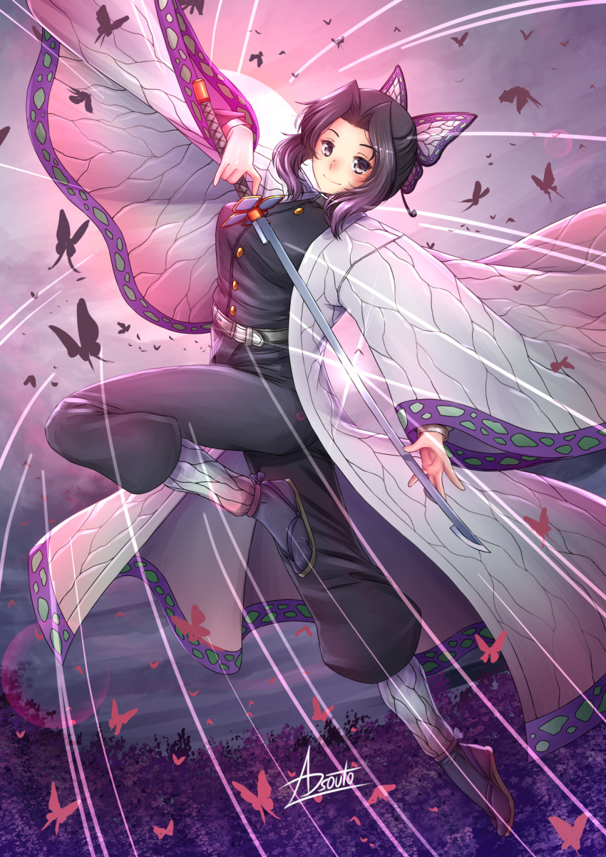1girl adsouto black_hair black_jacket black_legwear black_pants breasts brown_eyes bug butterfly butterfly_hair_ornament closed_mouth clouds cloudy_sky flower full_body gradient_hair hair_ornament highres holding holding_sword holding_weapon insect jacket katana kimetsu_no_yaiba kochou_shinobu large_breasts leg_up long_sleeves looking_at_viewer military military_uniform multicolored_hair pants purple_flower purple_hair shiny shiny_hair sidelocks signature sky smile solo sword tabi tied_hair uniform weapon