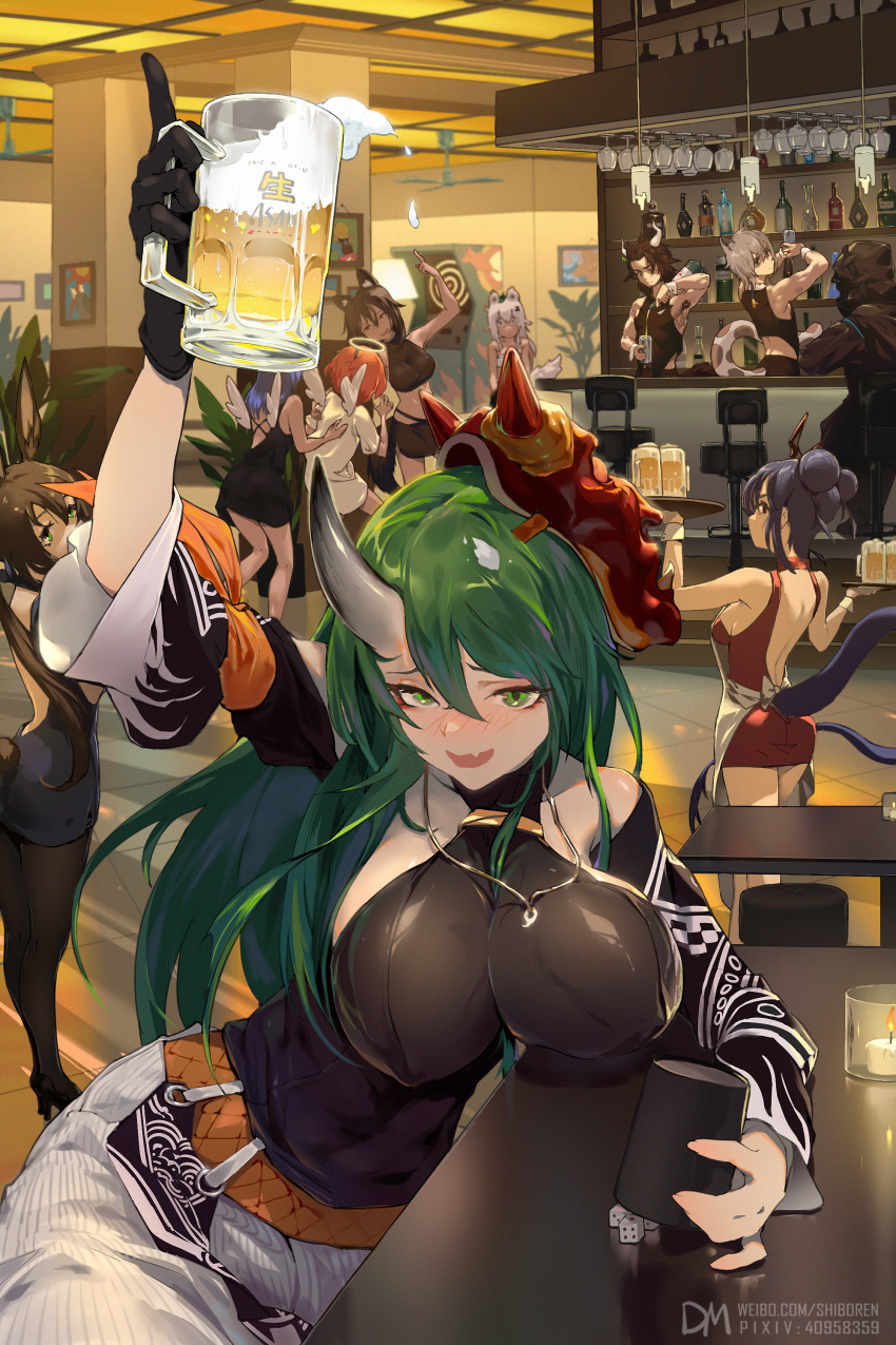 :d absurdres alcohol amiya_(arknights) arknights arm_ribbon arm_scarf bar bare_shoulders belt black_gloves blue_hair bottle breasts brown_hair ch'en_(arknights) chair commentary_request cup damiaoermiao detached_sleeves dice doctor_(arknights) dress exusiai_(arknights) gloves green_eyes green_hair hair_between_eyes hair_bun halo highres holding holding_tray horn hoshiguma_(arknights) indoors jewelry lappland_(arknights) large_breasts long_hair mask mask_on_head matterhorn_(arknights) midriff mostima_(arknights) multiple_girls necklace oni_horn oni_horns open_mouth pillar red_dress ribbon sideboob silver_hair silverash_(arknights) skin-covered_horns smile table texas_(arknights) tray