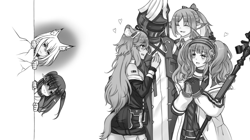 1boy 5girls :d angelina_(arknights) angry animal_ear_fluff animal_ears arknights ass barcode barcode_tattoo bare_shoulders blush closure_(arknights) commentary_request cracked_wall doctor_(arknights) gloves gravel_(arknights) greyscale grover.y heart highres horse_ears jacket kal'tsit long_hair mask monochrome multiple_girls open_mouth peeking perfumer_(arknights) pointy_ears ponytail shaded_face smile staff tail tattoo twintails