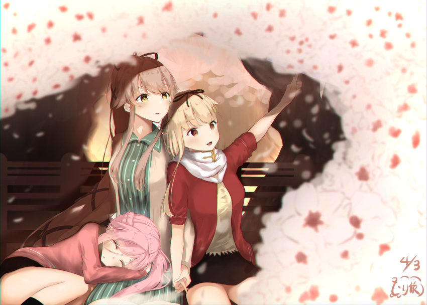 absurdres alternate_costume bangs black_skirt blonde_hair blurry blurry_background braid cherry_blossoms commentary_request dated dress eyebrows_visible_through_hair french_braid green_dress hair_between_eyes hair_flaps hair_ribbon hanami harusame_(kantai_collection) highres holding_hands jacket kantai_collection lap_pillow long_hair open_clothes open_jacket open_mouth open_vest orange_eyes outstretched_arm petals pink_cardigan pink_hair pink_jacket pointing ponytail red_vest remodel_(kantai_collection) ribbon scarf shanghmely shirt side_ponytail sidelocks signature sitting skirt very_long_hair vest white_shirt yura_(kantai_collection) yuudachi_(kantai_collection)