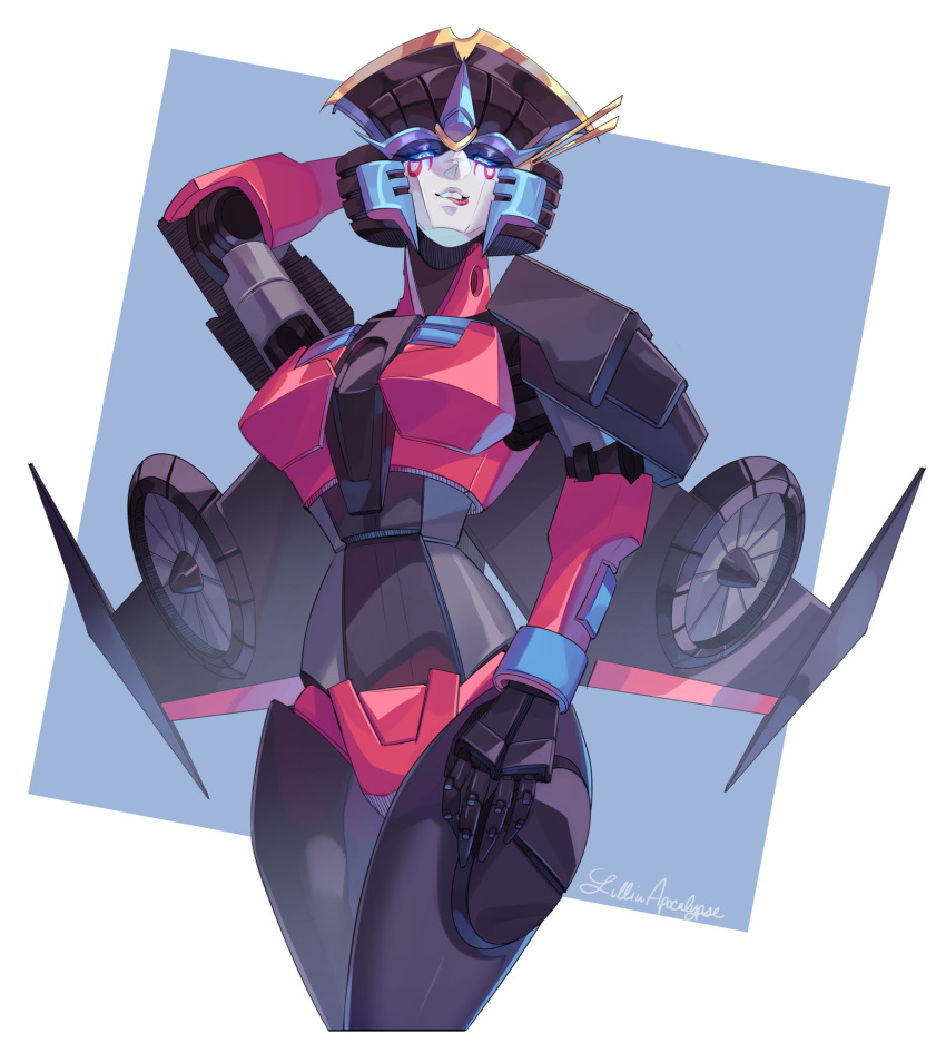 autobot biting blue_eyes commission crossed_legs hand_behind_head hand_on_own_thigh highres lilinapocalypse lip_biting looking_at_viewer looking_down mecha mechanical mechanical_wings robot robot_joints science_fiction transformers windblade wings