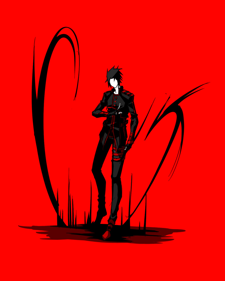 1boy absurdres black_gloves black_hair gloves hand_gesture highres holding holding_weapon js4935 male_focus original red_background red_footwear shadow simple_background solo standing thigh_strap uniform weapon