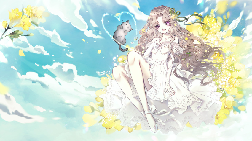 1girl :d absurdres animal bangs bare_shoulders blue_sky blush brown_hair cat clouds cloudy_sky commission danby_merong day dress eyebrows_visible_through_hair flower freesia_(flower) green_ribbon hair_ornament hair_ribbon heart highres long_hair long_sleeves midair off-shoulder_dress off_shoulder open_mouth original outdoors parted_bangs petals pink_flower ribbon shoes sky sleeves_past_wrists smile solo spring_(season) star star_hair_ornament very_long_hair violet_eyes white_dress white_footwear yellow_flower