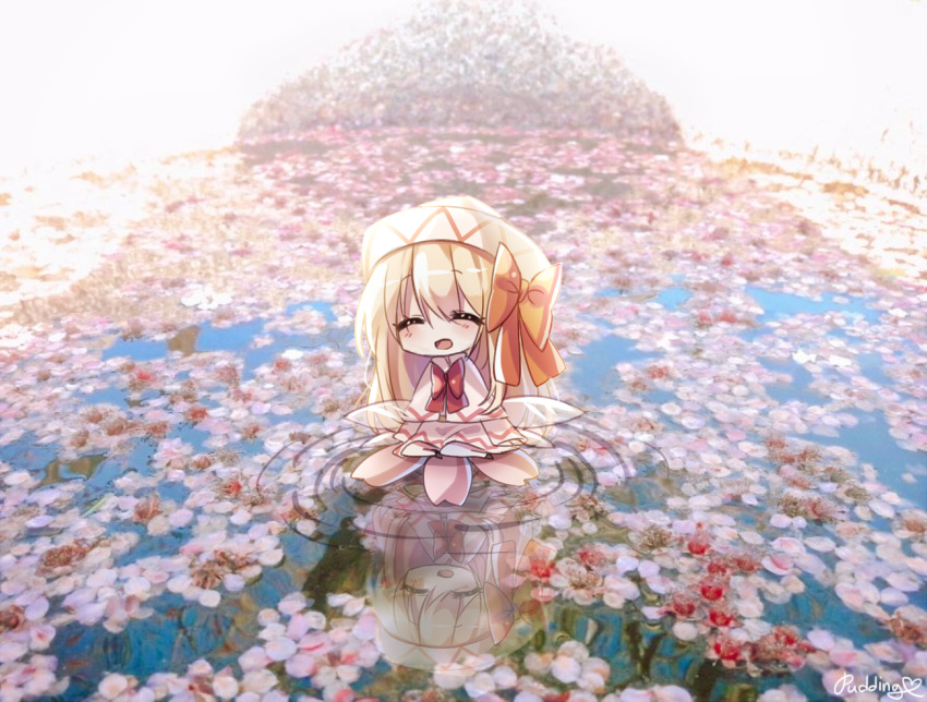 1girl ^_^ artist_name bangs blonde_hair blush bow bowtie capelet chibi closed_eyes dress eyebrows_visible_through_hair fairy_wings hair_bow lily_white long_hair open_mouth orange_bow petals petals_on_liquid pudding_(skymint_028) red_bow red_neckwear ripples signature solo touhou water white_capelet white_dress white_headwear wings