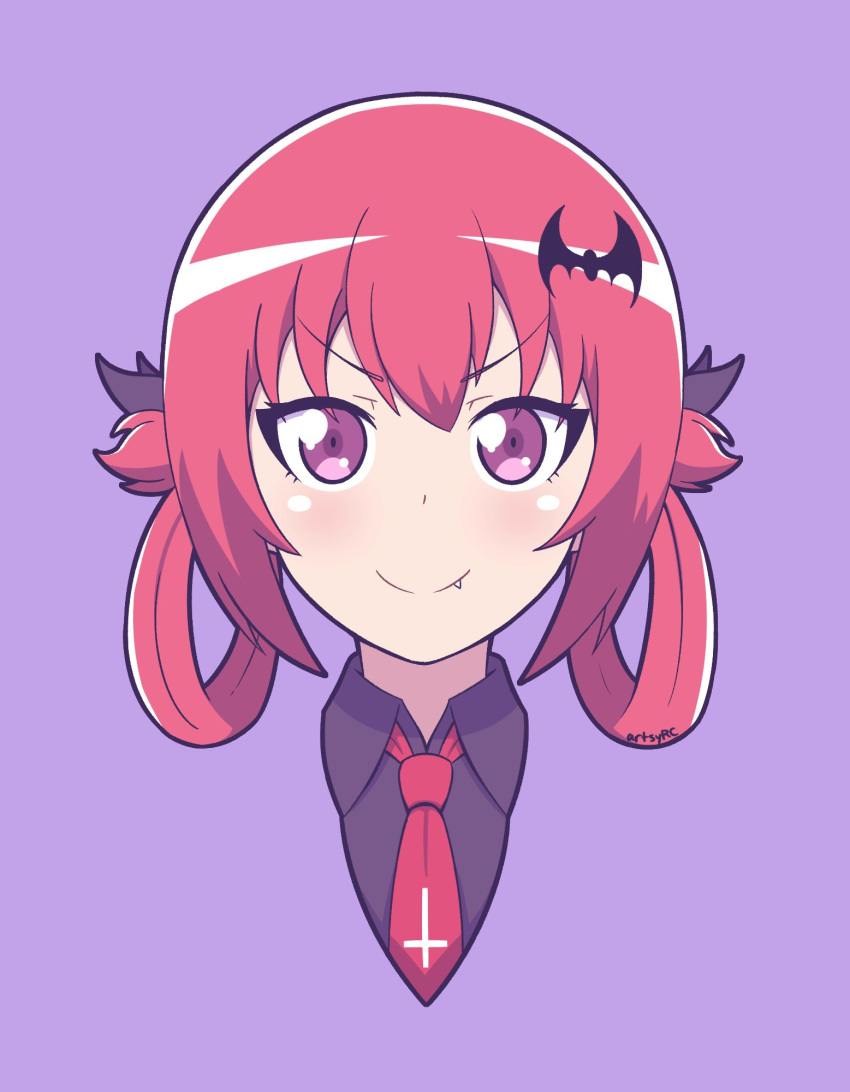 1girl artsy-rc bat_hair_ornament blush bow closed_mouth collared_shirt cross eyebrows_visible_through_hair fang fang_out gabriel_dropout grey_bow grey_shirt hair_bow hair_ornament highres inverted_cross kurumizawa_satanichia_mcdowell looking_at_viewer necktie portrait red_eyes red_neckwear redhead shirt smile solo wing_collar