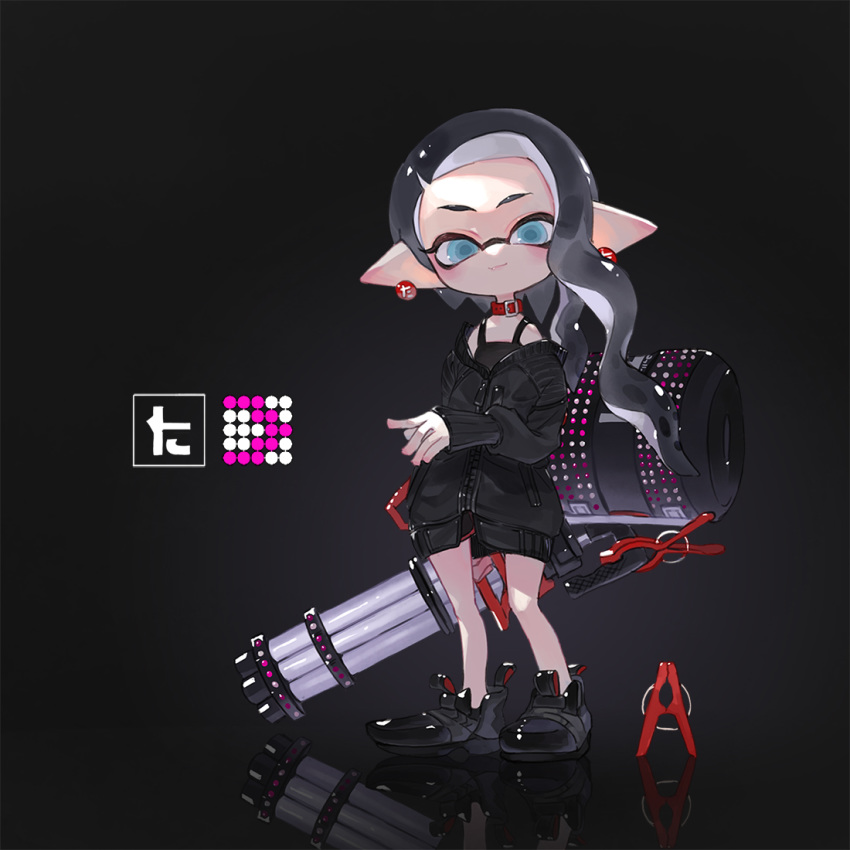 1girl aka_tonbo_(lovetow) aqua_eyes black_background black_footwear black_hair black_jacket black_shirt closed_mouth clothes_pin collar commentary dog_collar domino_mask earrings heavy_splatling_(splatoon) holding holding_weapon inkling jacket jewelry logo long_hair long_sleeves looking_at_viewer mask no_legwear off_shoulder pointy_ears red_collar reflection shiny shiny_clothes shirt shoes simple_background smile solo splatoon_(series) splatoon_2 standing tank_top tentacle_hair weapon