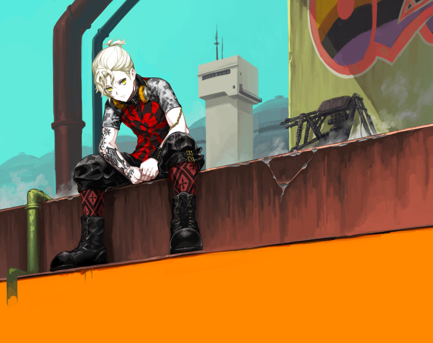 1boy absurdres bad_boy_(module) blonde_hair boots buckle chain graffiti headphones highres kagamine_len leather leather_boots leather_collar looking_down male_focus nagimiso pants pipe project_diva_(series) short_hair sitting solo tattoo tower unhappy_refrain_(vocaloid) vocaloid yellow_eyes