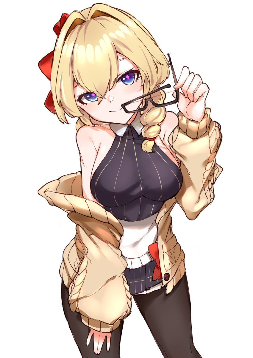 +_+ 1girl apron bangs black-framed_eyewear black_legwear black_shirt black_skirt blonde_hair blue_eyes braid breasts brown_jacket choumi_wuti_(xueye_fanmang_zhong) closed_mouth eyebrows_visible_through_hair eyewear_removed frilled_apron frills glasses hair_between_eyes hair_intakes highres holding holding_eyewear hood hoodie jacket large_breasts long_hair long_sleeves looking_at_viewer looking_back nijisanji open_clothes open_hoodie pantyhose pleated_skirt puffy_long_sleeves puffy_sleeves red_ribbon ribbon semi-rimless_eyewear shirt simple_background skirt sleeveless sleeveless_shirt sleeves_past_wrists smile solo striped striped_shirt turtleneck_leotard under-rim_eyewear vertical-striped_shirt vertical-striped_skirt vertical_stripes virtual_youtuber virtuareal waist_apron white_apron white_background yukie_(virtuareal)