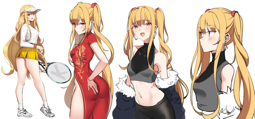 1girl absurdres ass blonde_hair blush breasts china_dress chinese_clothes closed_mouth collarbone crop_top dress earrings eyebrows_visible_through_hair fang highres holding_racket jewelry k_pring large_breasts long_hair long_sleeves looking_at_viewer looking_away navel open_mouth original racket red_eyes shoes short_sleeves skirt smile sneakers socks tennis_racket twintails very_long_hair white_footwear white_legwear yellow_skirt