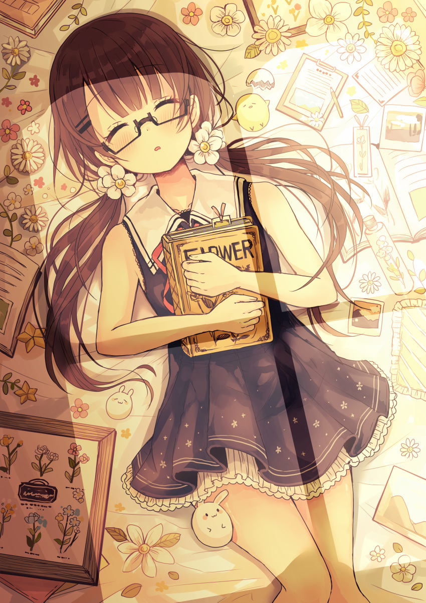 1girl absurdres animal bed_sheet bird black-framed_eyewear black_dress blush book bookmark brown_hair closed_eyes collarbone collared_dress comiket_94 commentary_request dress facing_viewer flower glasses hair_flower hair_ornament hairclip highres long_hair low_twintails lying on_back open_book original parted_lips pen pleated_dress red_flower revision sakura_oriko semi-rimless_eyewear sidelocks sleeping sleeveless sleeveless_dress solo twintails under-rim_eyewear very_long_hair wavy_mouth white_flower
