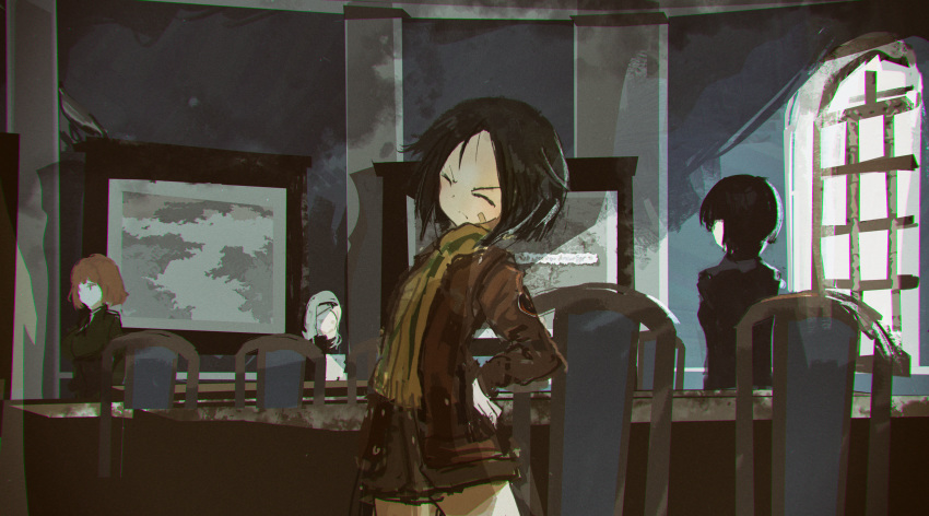 4girls absurdres aleksandra_i_pokryshkin bandaid bandaid_on_face black_hair blonde_hair blurry bob_cut brave_witches chair closed_eyes cowboy_shot depth_of_field faux_traditional_media frown gundula_rall hair_ribbon hand_on_hip highres indoors jacket kabuyama_kaigi kanno_naoe leather leather_jacket light_brown_hair map military military_uniform multiple_girls ribbon scarf shimohara_sadako short_hair sitting sketch squinting stretch sunlight table uniform window world_witches_series