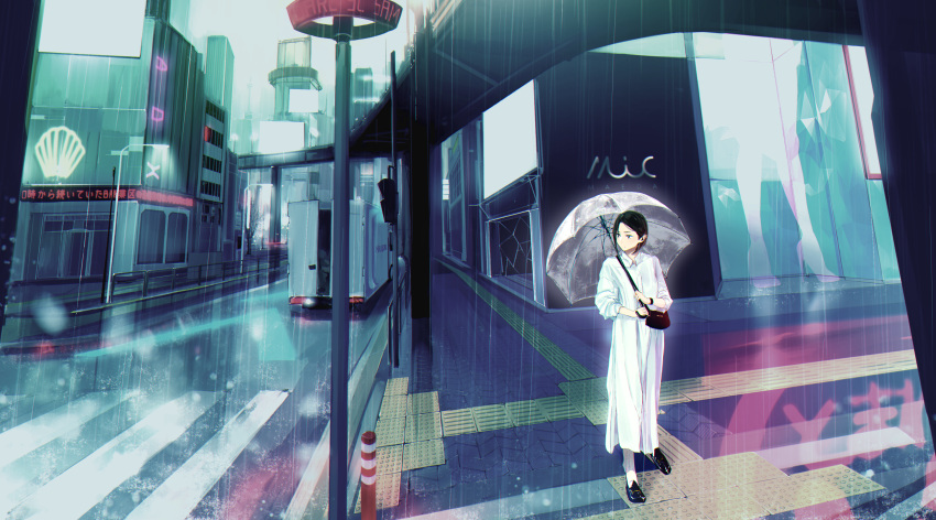 1girl absurdres artist_name bag black_footwear black_hair crosswalk dress ground_vehicle handbag high_heels highres holding holding_umbrella lamppost looking_away maeda_mic motor_vehicle original outdoors rain road scenery short_hair street traffic_cone truck umbrella white_dress