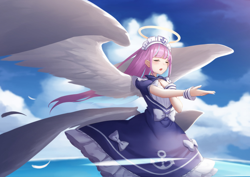 1girl absurdres angel angel_wings blue_hair closed_eyes dress feathered_wings halo highres hololive low_wings minato_aqua multiple_wings open_mouth outstretched_arm outstretched_hand purple_hair samc solo virtual_youtuber white_headdress white_wings wings