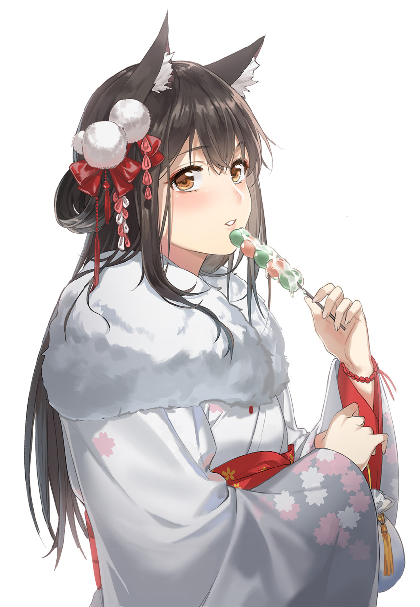 1girl alternate_costume animal_ear_fluff animal_ears arknights bangs black_hair blush bow brown_eyes dango feather_boa floral_print food hair_between_eyes hair_bow hair_rings hand_up highres holding holding_food japanese_clothes kimono long_hair long_sleeves looking_at_viewer parted_lips pom_pom_(clothes) qianjingya red_bow red_sash sanshoku_dango sash sidelocks simple_background solo texas_(arknights) upper_body wagashi white_background white_kimono wide_sleeves wolf_ears