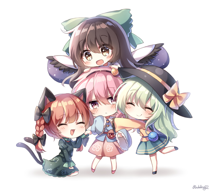4girls :d ^_^ animal_ears artist_name bangs black_bow black_footwear black_hair black_hairband black_headwear black_wings blue_shirt blush bow braid brown_eyes cat_ears cat_tail chibi closed_eyes commentary_request dress eyebrows_visible_through_hair feathered_wings floral_print green_bow green_dress green_hair green_skirt hair_between_eyes hair_bow hair_ornament hairband hand_up hat hat_bow head_tilt heart heart_hair_ornament highres juliet_sleeves kaenbyou_rin komeiji_koishi komeiji_satori long_hair long_sleeves looking_at_viewer looking_to_the_side miniskirt multiple_girls multiple_tails nekomata open_mouth paw_pose pink_eyes pink_footwear pink_hair pink_skirt pudding_(skymint_028) puffy_sleeves redhead reiuji_utsuho shadow shirt shoes short_hair siblings signature simple_background sisters skirt smile standing standing_on_one_leg tail third_eye touhou twin_braids twintails two_tails white_background wide_sleeves wings yellow_bow yellow_shirt