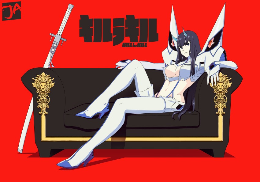 1girl black_eyes black_hair bodysuit boots breasts closed_mouth copyright_name couch eyebrows_visible_through_hair high_heel_boots high_heels highres hime_cut horns j_adsen junketsu katana kill_la_kill kiryuuin_satsuki large_breasts long_hair navel reclining red_background revealing_clothes scabbard sheath sheathed signature simple_background sitting solo sword thick_eyebrows thigh-highs thigh_boots very_long_hair weapon