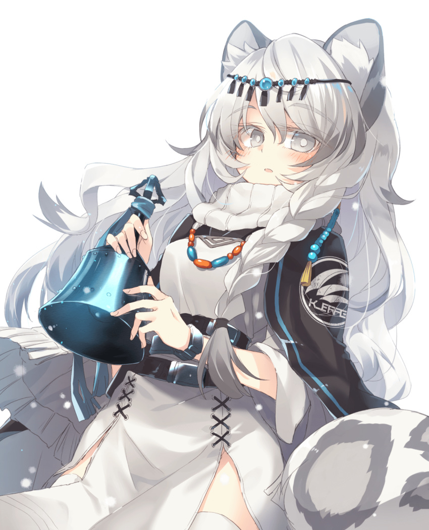 1girl animal_ear_fluff animal_ears arknights bangs bead_necklace beads bell black_capelet blush braid capelet commentary cowboy_shot dress eyebrows_visible_through_hair grey_eyes hair_between_eyes head_chain highres holding holding_bell jewelry leopard_ears leopard_tail long_hair looking_at_viewer necklace parted_lips pramanix_(arknights) satou_kibi silver_hair simple_background single_braid solo standing tail thigh-highs white_background white_dress white_legwear