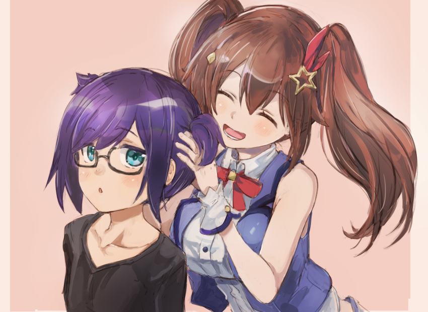 2girls alternate_hairstyle asymmetrical_bangs bangs black_shirt blue_eyes blue_jacket blush bow bowtie breasts brown_hair closed_eyes collared_shirt cropped_jacket eyebrows_visible_through_hair glasses hair_between_eyes hair_ornament hair_ribbon hand_in_another's_hair hololive jacket looking_at_another medium_breasts medium_hair multiple_girls open_mouth parted_bangs pink_background purple_hair red_bow red_neckwear ribbon shirt short_hair short_twintails simple_background sleeveless sleeveless_jacket small_breasts smile star star_hair_ornament swept_bangs t-shirt tokino_sora tokino_sora_channel twintails twintails_day upper_body virtual_youtuber white_shirt wing_collar wrist_cuffs yohane yuujin_a_(tokino_sora_channel)