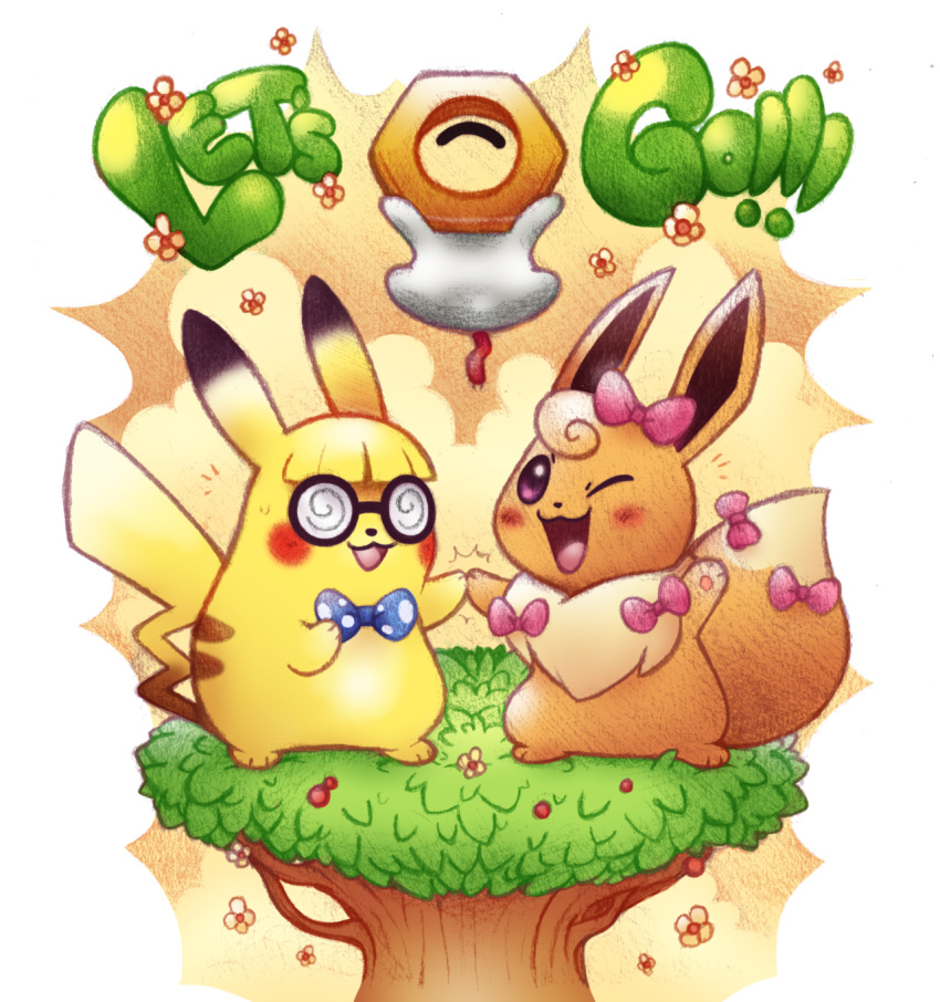 coke-bottle_glasses commentary copyright_name creature eevee english_commentary facing_viewer flower gen_1_pokemon gen_7_pokemon glasses happy highres krystal_fleming meltan no_humans pikachu pink_ribbon pokemon pokemon_(creature) ribbon tree violet_eyes