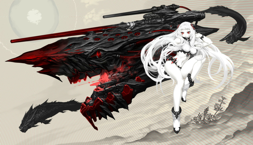 1girl airfield_hime boots breasts feet_up hand_on_own_head highres horns kantai_collection large_breasts long_hair looking_at_viewer nagimiso navel red_eyes shinkaisei-kan smile very_long_hair white_hair white_skin widescreen