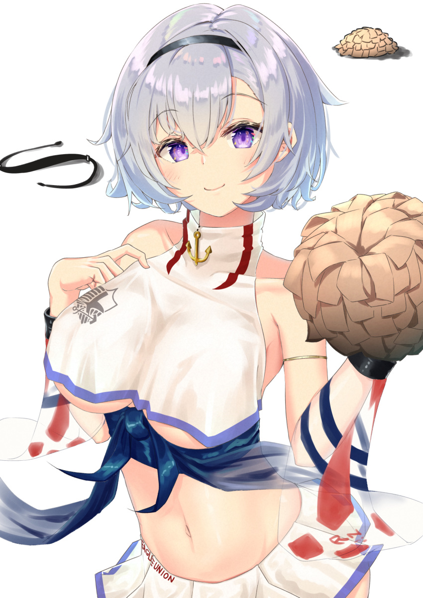 1girl anchor azur_lane bare_shoulders blush breasts cheerleader crop_top eyebrows_visible_through_hair hair_between_eyes hairband highres hiruno_ushiro large_breasts looking_at_viewer midriff miniskirt navel pom_poms reno_(azur_lane) reno_(biggest_little_cheerleader)_(azur_lane) see-through shirt short_hair silver_hair simple_background skirt sleeveless smile solo under_boob violet_eyes white_background white_skirt