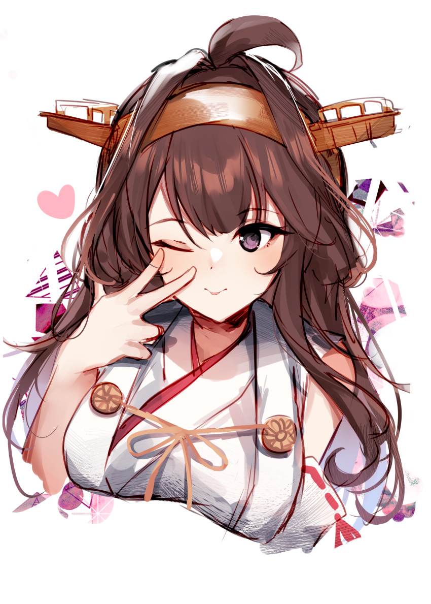 1girl absurdres ahoge blush breasts brown_hair closed_mouth detached_sleeves double_bun eyebrows_visible_through_hair hair_between_eyes hairband headgear heart highres japanese_clothes kagurazaka_miyabi kantai_collection kongou_(kantai_collection) long_hair long_sleeves looking_at_viewer medium_breasts nontraditional_miko one_eye_closed red_string remodel_(kantai_collection) ribbon-trimmed_sleeves ribbon_trim smile solo string triangle upper_body violet_eyes white_background